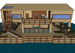 木质沿湖两层别墅会所建筑设计SketchUp模型