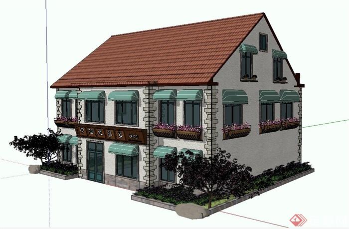 二层坡屋顶农家宴饭店建筑设计SU模型(1)
