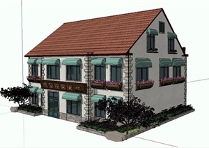 二层坡屋顶农家宴饭店建筑设计SU(草图大师)模型