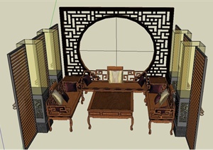 中式风格室内桌椅茶具设计SU(草图大师)模型
