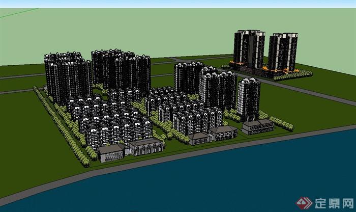某现代滨湖小区住宅楼建筑设计su模型(1)