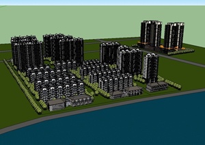 某现代滨湖小区住宅楼建筑设计SU(草图大师)模型