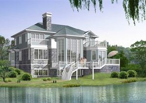 现代两层滨水别墅建筑设计CAD图附带jpg效果图