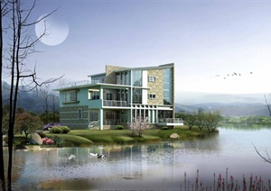现代两层临湖别墅建筑设计CAD图+jpg效果图