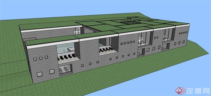 现代某两层瓦尔斯温泉浴场建筑设计SU模型+CA方案图(1)