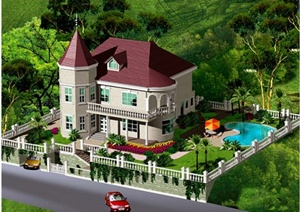 乡村两层欧式自建别墅建筑设计CAD图与jpg效果图