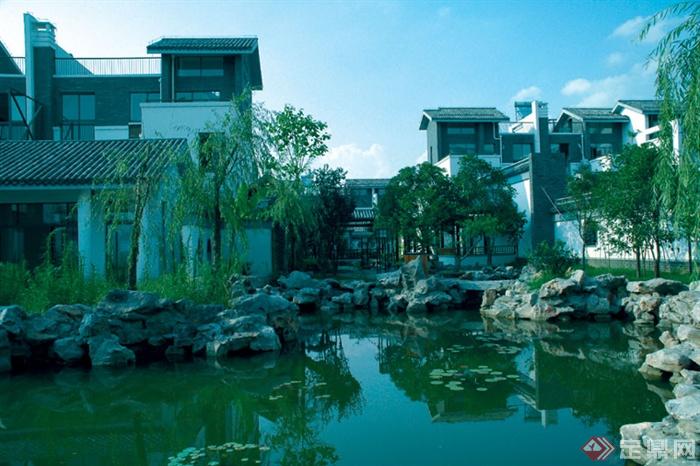 自然水池,景石,住宅建筑