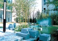 小区喷泉水池,灯柱,石坐凳