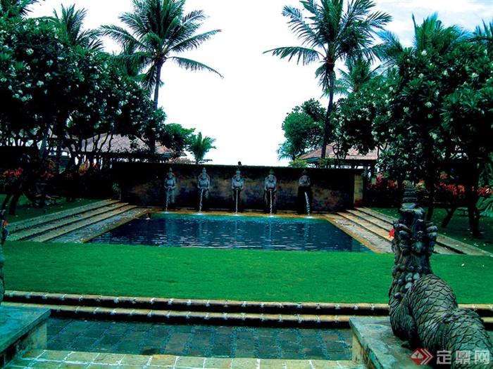 庭院,喷泉水池,草坪椰子树