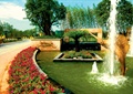 雕塑喷泉水池,花带,园路,方形树池