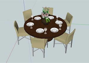 某室内客厅六人圆行餐桌椅设计SU(草图大师)模型