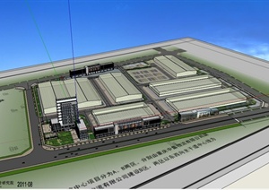 某现代沿街工业厂房建筑设计SU(草图大师)模型含办公楼