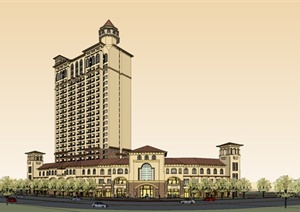 精细托斯卡纳风格酒店、商业、公寓综合建筑设计SU(草图大师)模型