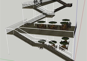 木质架空楼梯、走廊设计SU(草图大师)模型