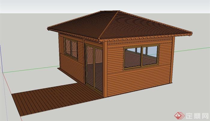 两开门单层木质小屋建筑设计SU模型(2)