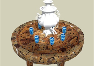 室内圆形桌子茶具设计SU(草图大师)模型