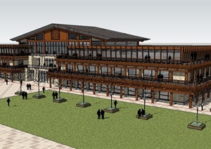 三层木质四合院酒店建筑设计SU(草图大师)模型