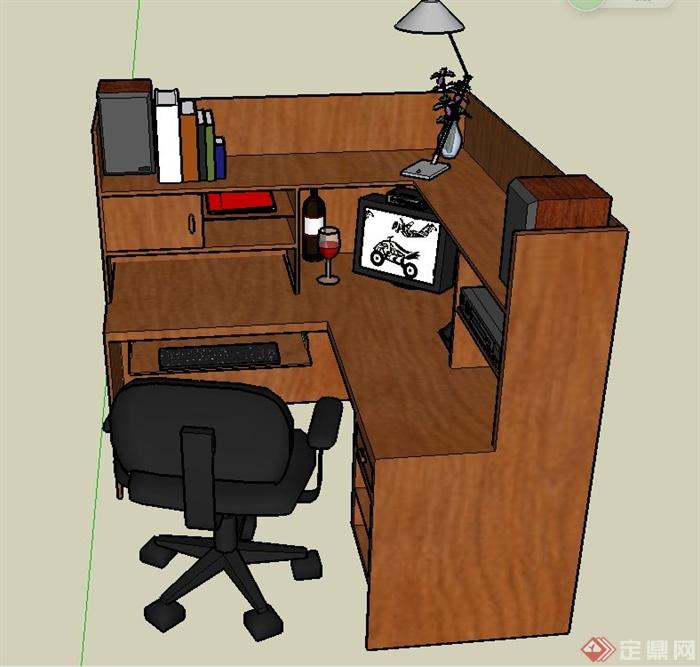 室内木质转角办公桌椅设计SU模型(2)