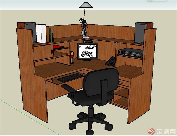 室内木质转角办公桌椅设计SU模型(1)