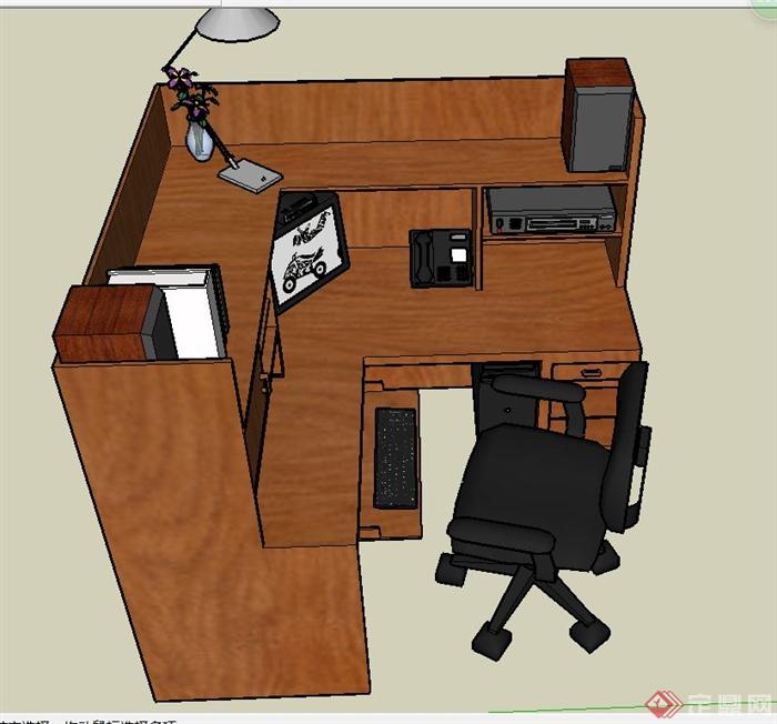 室内木质转角办公桌椅设计SU模型(3)