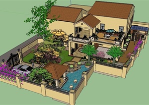 欧式两层别墅庭院设计SU(草图大师)模型模型