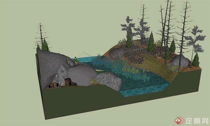 某生态水沟、景石水景设计su模型(2)
