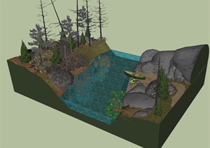 某生态水沟、景石水景设计SU(草图大师)模型