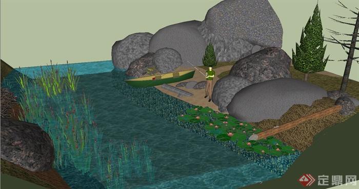 某生态水沟、景石水景设计su模型(3)