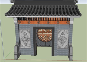 古典中式入口门廊照壁设计SU(草图大师)模型