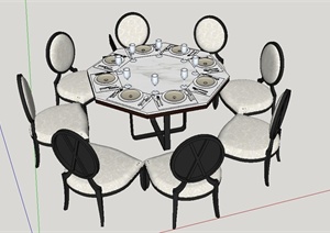 欧式八边形餐桌椅设计SU(草图大师)模型