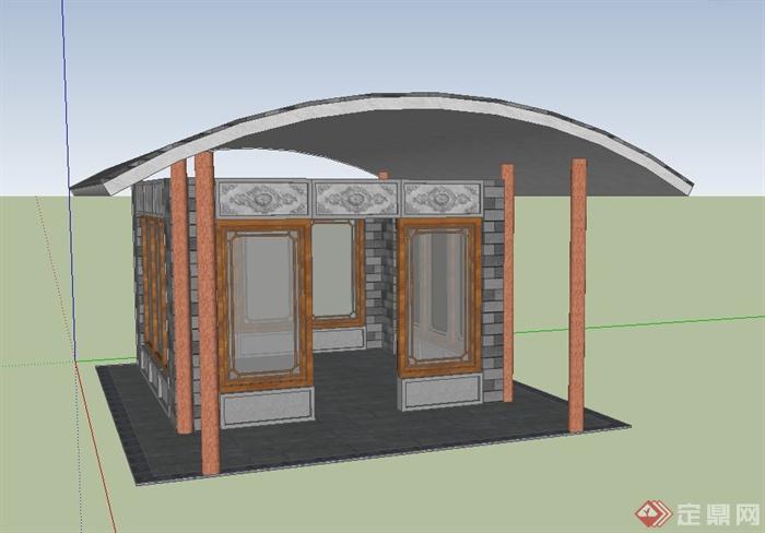 古典中式弧形休息室廊架建筑设计SU模型(1)