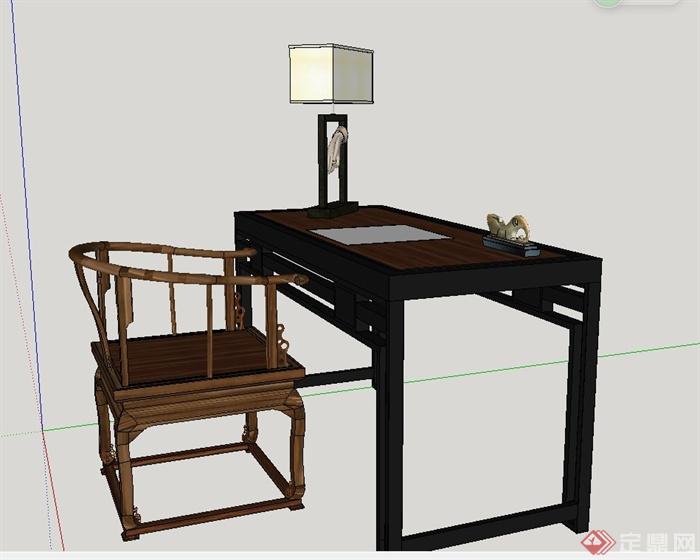 中式木质办公桌椅设计SU模型(1)