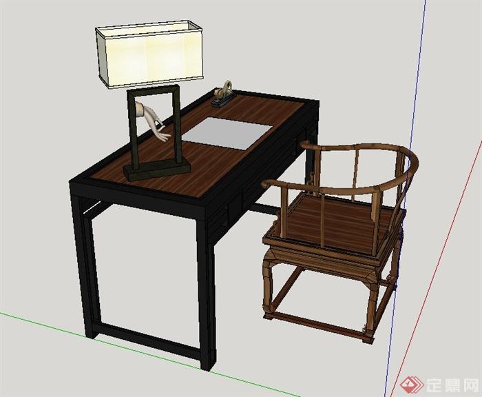 中式木质办公桌椅设计SU模型(3)