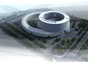 某现代环形办公楼建筑3D模型+效果图