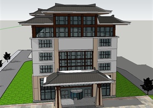 汉唐风格多层宾馆酒店建筑设计SU(草图大师)模型