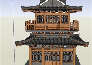 古典中式风格两层方形茶楼建筑设计SU(草图大师)模型