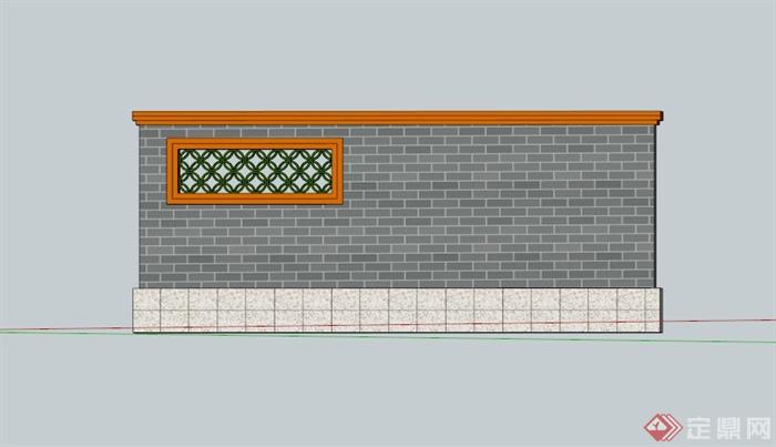 某现代中式青瓦石材镂空装饰景墙SU模型(3)