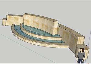 某现代弧形黄色石材两层水景SU(草图大师)模型