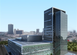 现代某高层L形办公楼建筑设计3DMAX模型+PSD效果图