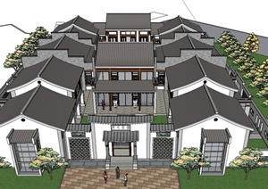 古典中式两层组合四合院别墅建筑设计SU(草图大师)模型