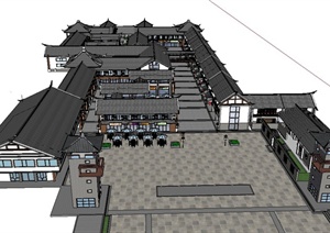古典中式两层商业街建筑设计SU(草图大师)模型