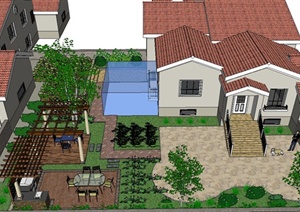 单层别墅庭院小花园景观设计SU(草图大师)模型