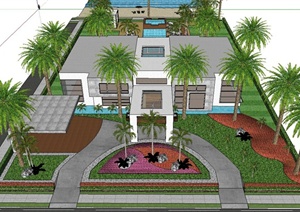 现代两层别墅庭院景观设计SU(草图大师)模型