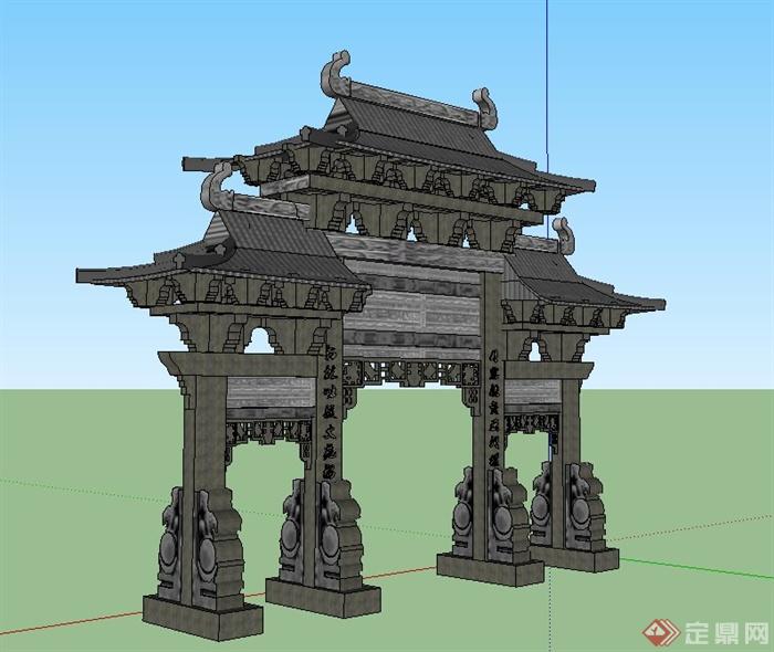 古典中式三房四柱石牌坊设计SU模型(2)