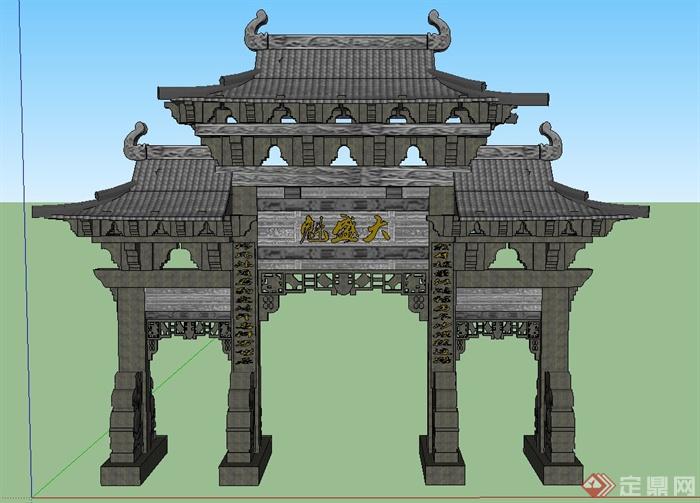 古典中式三房四柱石牌坊设计SU模型(1)