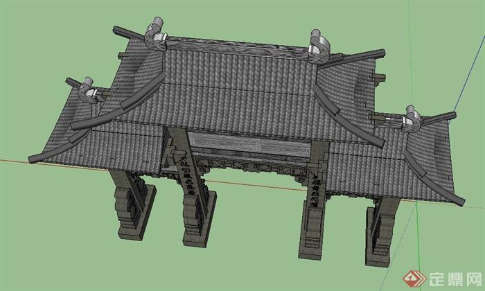 古典中式三房四柱石牌坊设计SU模型(3)