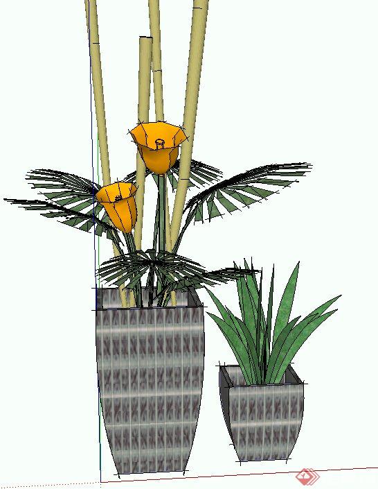 室内两盆花瓶插花摆件设计SU模型(1)