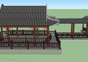 古典中式四角观水亭与廊架设计SU(草图大师)模型
