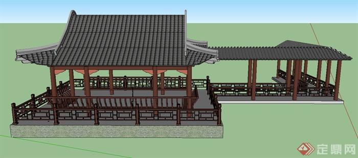 古典中式四角观水亭与廊架设计SU模型(1)