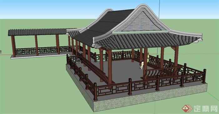 古典中式四角观水亭与廊架设计SU模型(2)